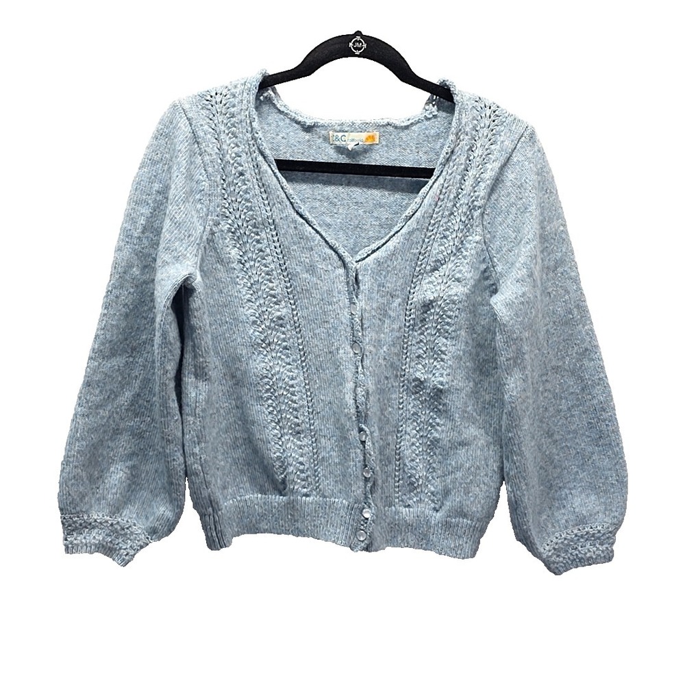 C&C California Blue Wool Blend Cardigan Sweater Soft Girl Coquette Sz L Puff Slv